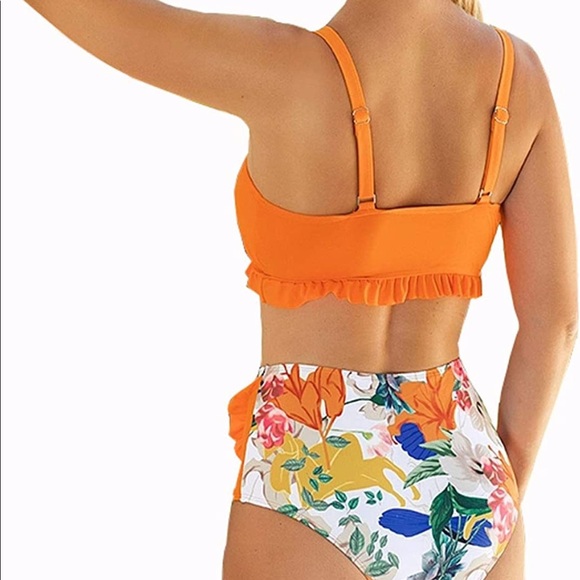Orange Floral High Waisted 2 Piece Swimsuit - NWT - Picture 2 of 5